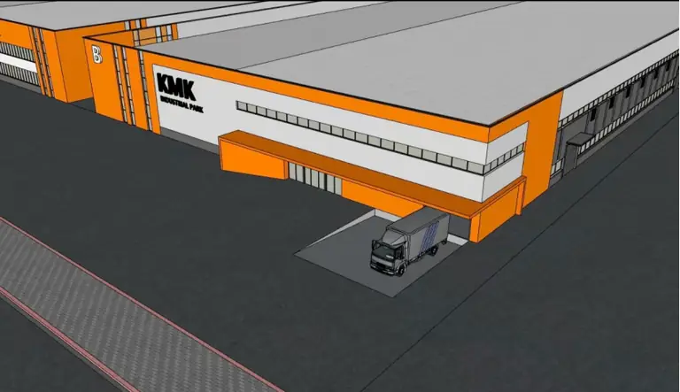 Architectural rendering of the bright orange exterior for the KMK factory project