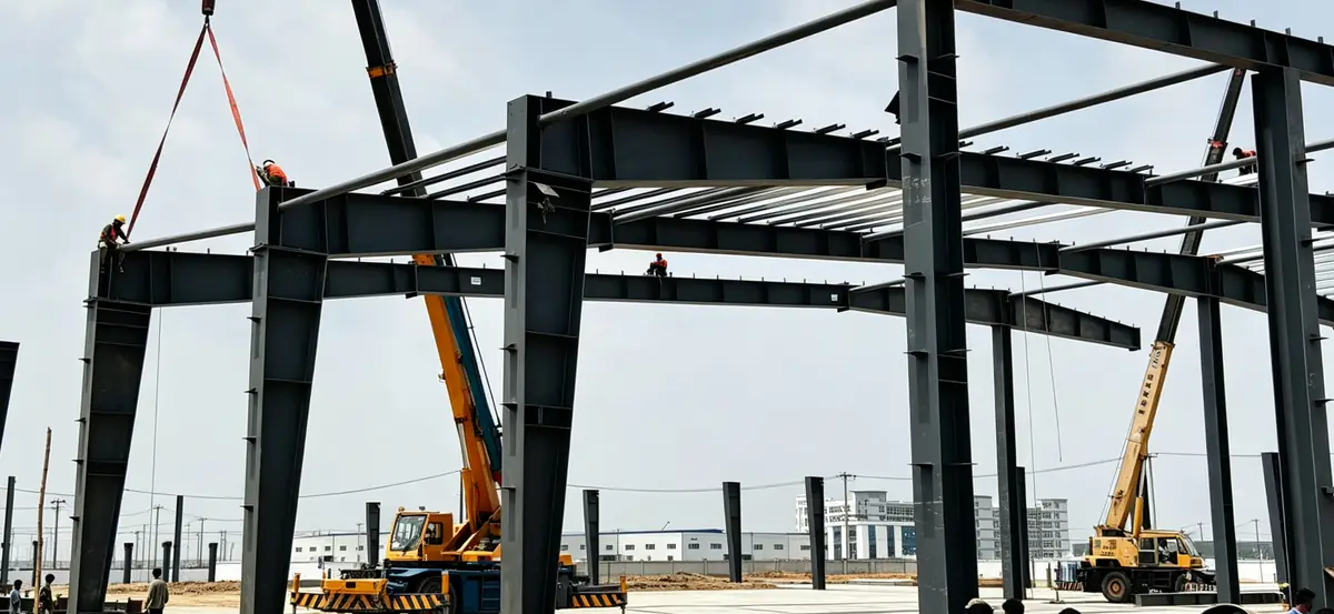Portal frame erection at the KMK steel structure factory site in Mirsarai, Bangladesh